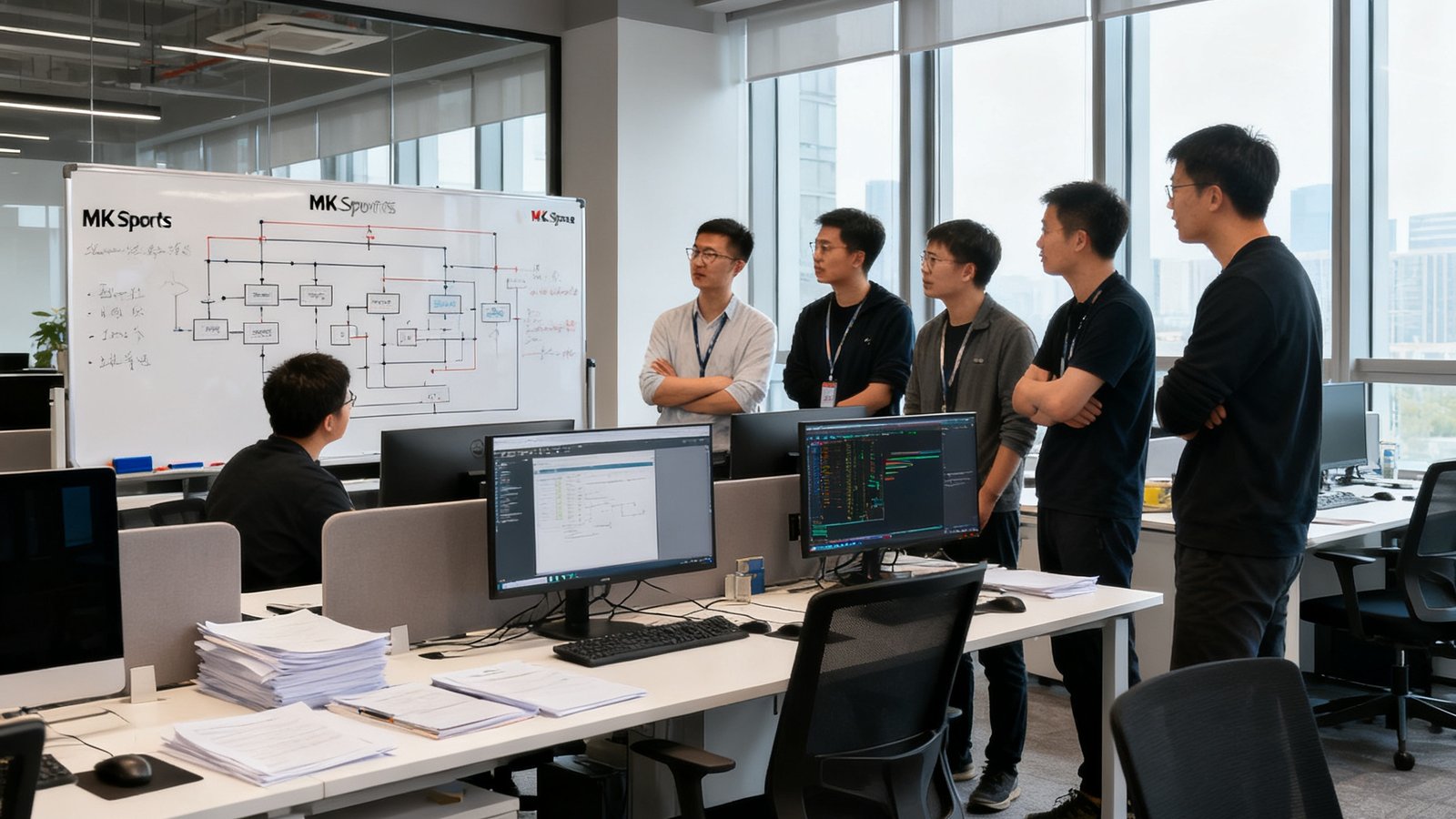 mk体育上海总部办公区，开放式工位上技术团队成员正在协作讨论系统架构方案