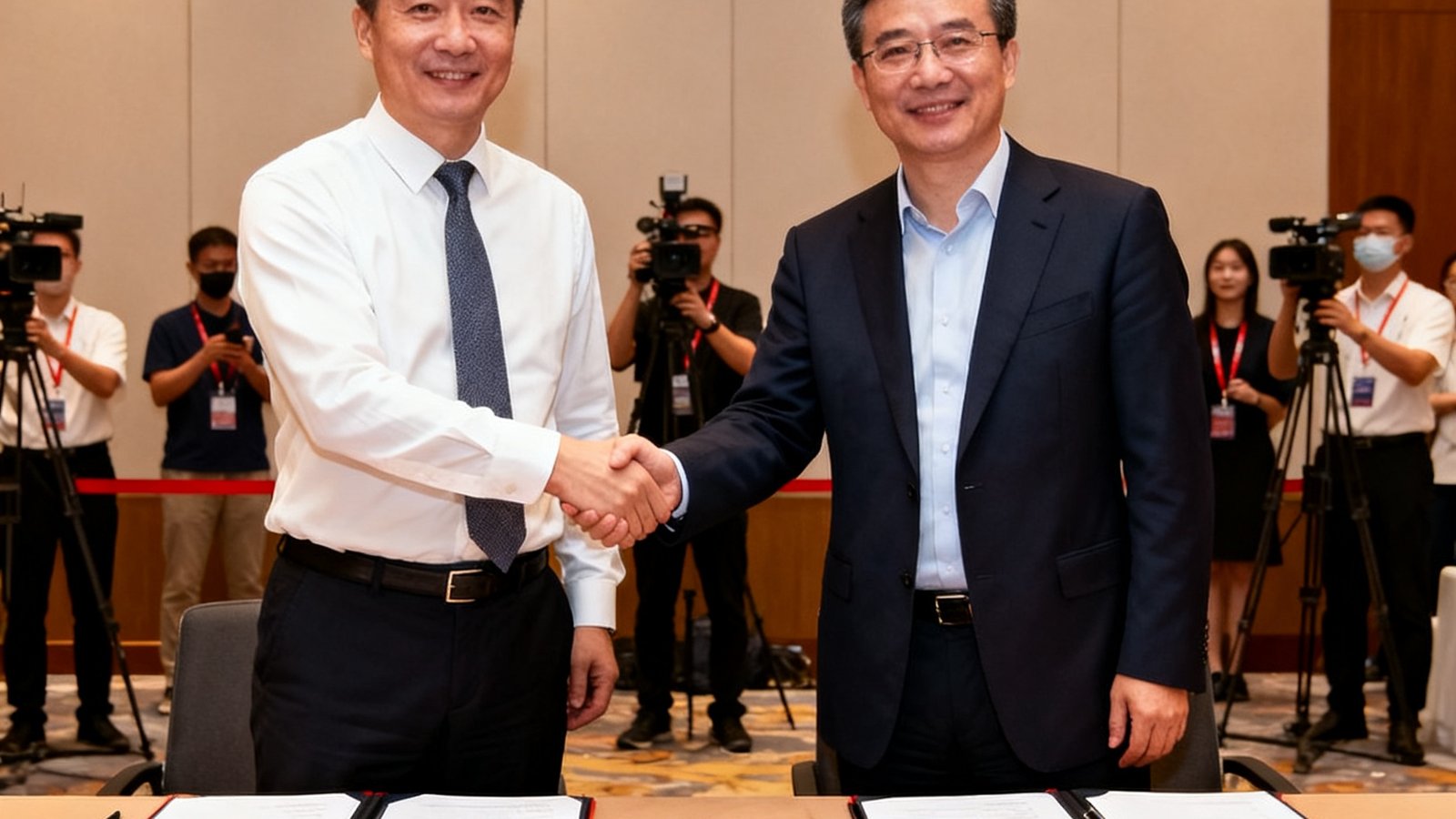 亚洲杯赛事数据防护项目签约仪式现场，双方代表握手合影