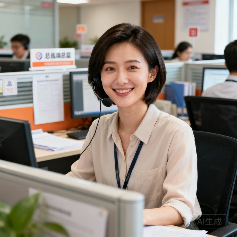 客服总监苏瑜涵，年轻女性，短发干练，面带微笑，坐在客服中心办公区